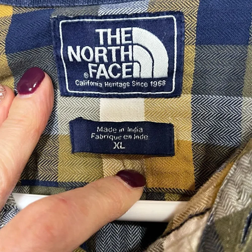 The North Face Blue Brown Mustard Cream Plaid Cotton Button Down Shirt
